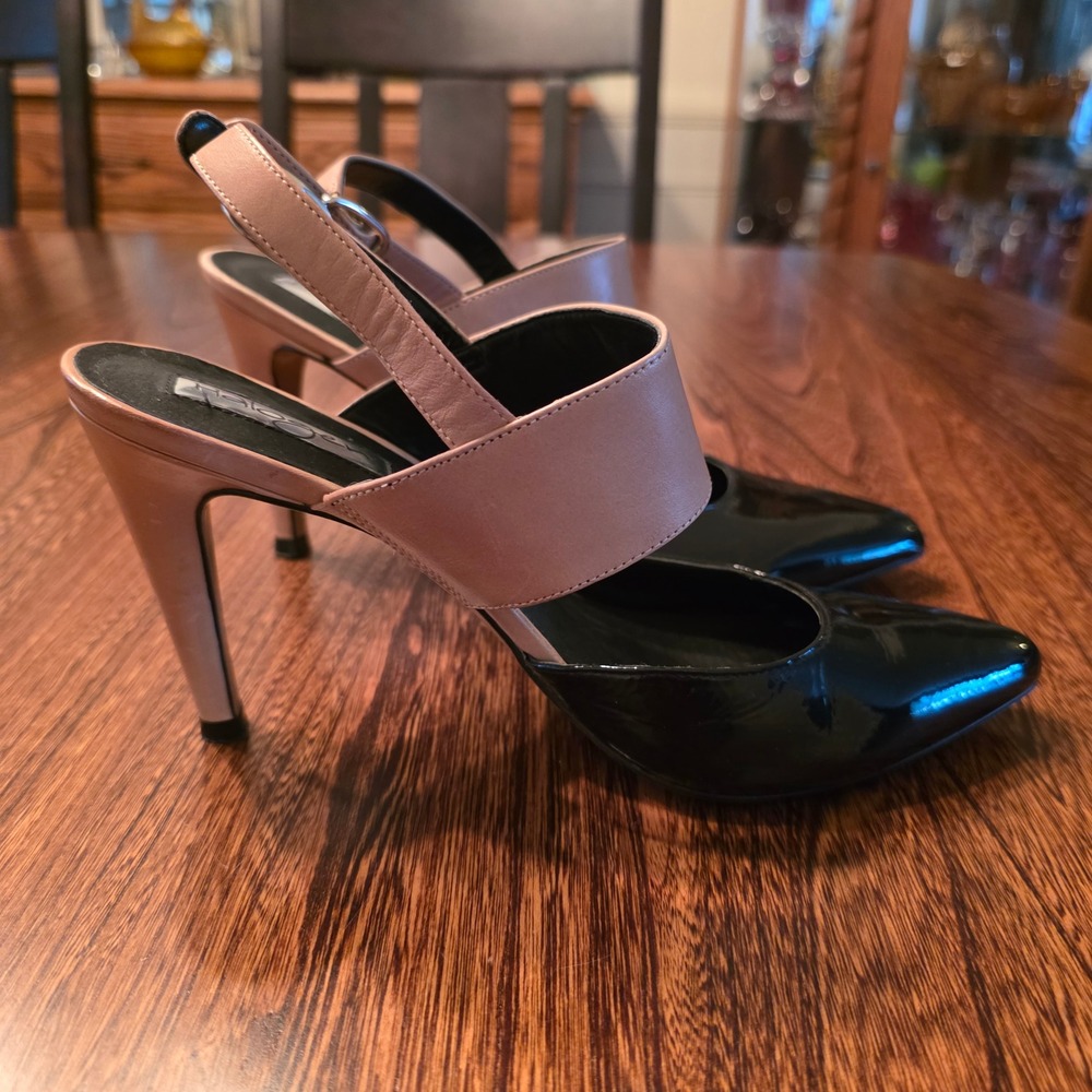 Halogen Marissa Black Patent Tan Leather Slingback Pumps Heels Size 6M Elegant